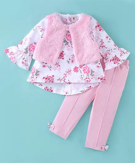 ToffyHouse Full Sleeves Top & Leggings With Shrug Floral Print - Light Pink