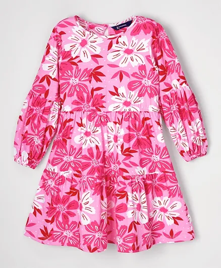 باين كيدز فستان جيرسي قطني للأطفال بكم طويل مع طباعة الأزهار - أزرق