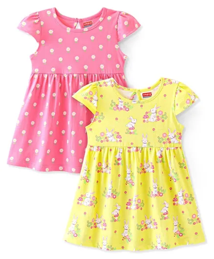 Babyhug 100% Cotton Knit Cap Sleeves Frock Floral & Bunny Print Pack of 2 - Yellow & Pink