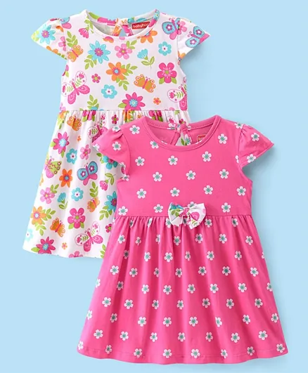 Babyhug Cotton Knit Cap Sleeves Floral Printed Frocks with Bow Applique Pack of 2 - Pink & White