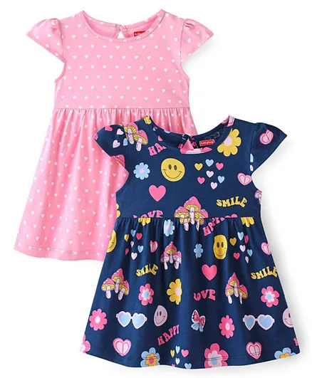 Babyhug Cotton Knit Short Sleeves Frocks With Heart & Floral Print Pack Of 2 - Pink & Navy Blue