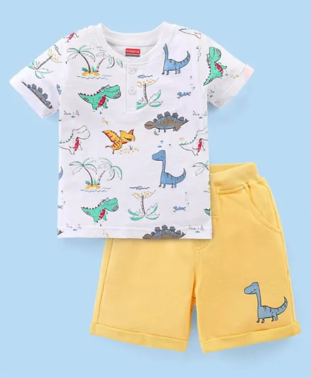 Babyhug 100% Cotton Knit Half Sleeves T-Shirt & Denim Shorts Set Dino Print - Yellow & White