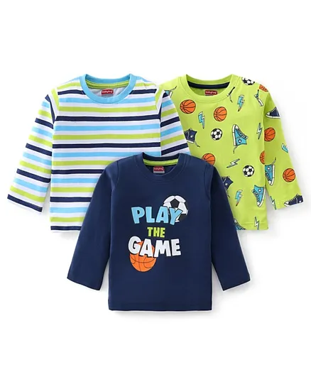 Babyhug 100% Cotton Knit Full Sleeves Tees With Stripes & Sports Balls Graphics Pack of 3- Blue & Green