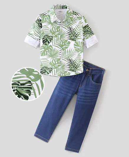 Ollington St. 100% Cotton Full Sleeves Shirt with Strechable Denim Pants With Tropical Print - Green & Indigo