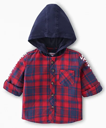 Babyhug Woven Full Sleeves Hooded Shirt Checkered - Red