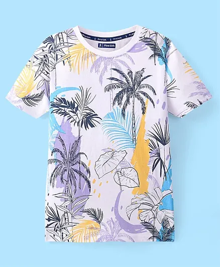 Pine Kids Cotton Half Sleeve T-Shirt With Tropical Print - Snow White
