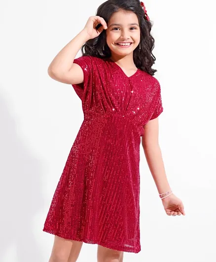 Hola Bonita Half Sleeves Sequin Party Dress with Pleats - Red