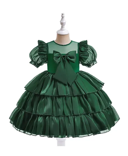 فستان سابس بأكمام قصيرة وياقة دائرية مزين بتطريز وربطة - أخضر