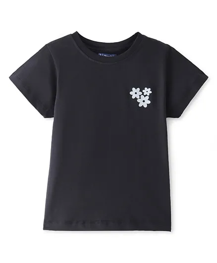 Pine Kids 100% Cotton Half Sleeves Round Neck T-Shirt Floral Print - Jet Black