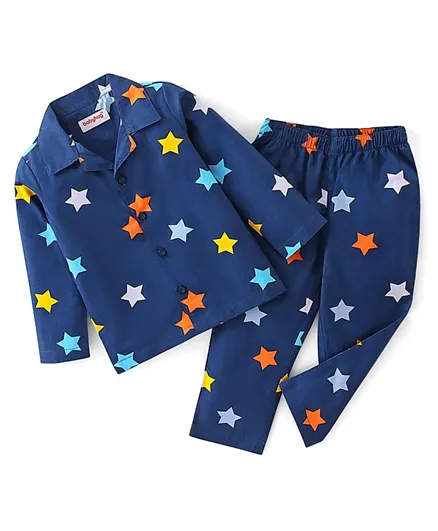 Babyhug Cotton Woven Full Sleeves Night Suit With Star Print - Navy Blue