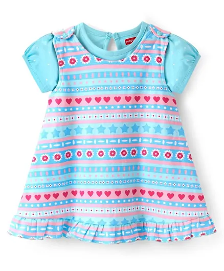 Babyhug 100% Cotton Knit Floral Print Frock with Half Sleeves Solid Color Inner T-Shirt - Blue