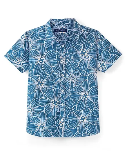 Pine Kids Cotton Short Sleeves Shirt All Over Tropical Print - Blue