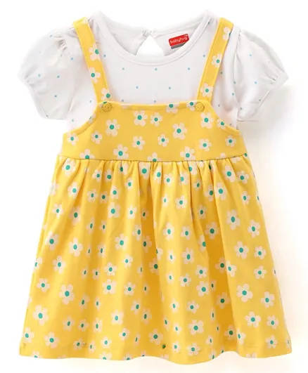 Babyhug Interlock Cotton Knit Half Sleeves Frock Floral Print - Yellow & White