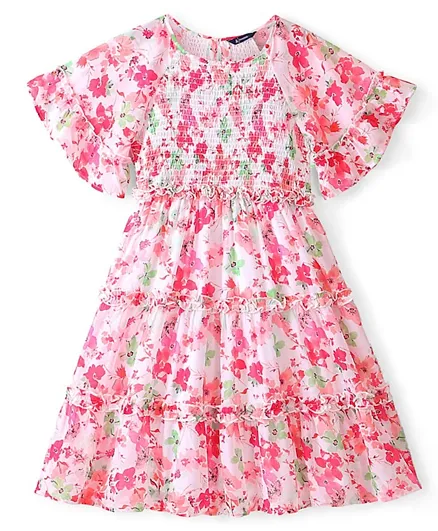 Pine Kids Woven Flared Sleeves All Over Floral Printed Tiered Dress - Pink
