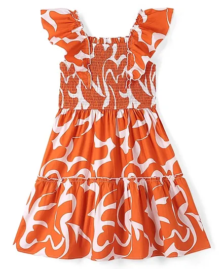 باين كيدز فستان بأكمام كشكش محبوك من القطن 100% مع طباعة تجريدية كاملة - برتقالي