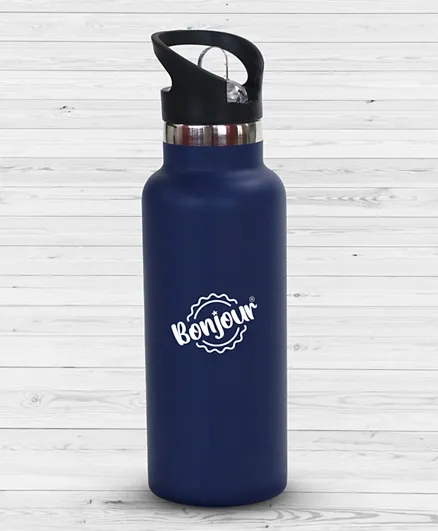 Bonjour Sip Box Premium Stainless Steel Insulated Water Bottle with Straw Lid and Handle Cap Navy Blue - 500ml