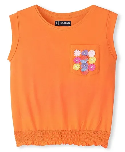 Pine Kids 100% Cotton Knit Sleeveless Top With Floral Applique -Orange