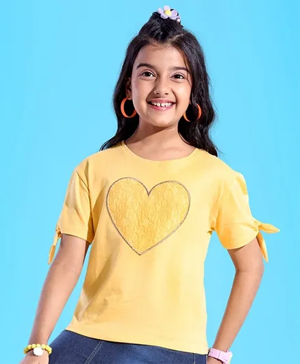 Pine Kids Cotton Knit Half Sleeves Top Heart Print with Lace Detailing- Snapdragon Yellow