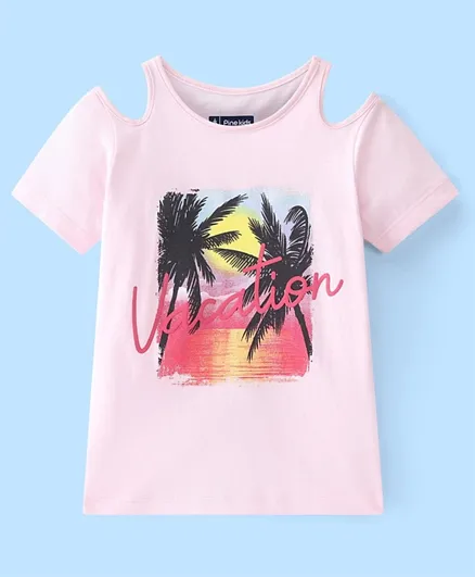 Pine Kids 100% Cotton Knit Half Sleeves Top Beach Theme- Pink