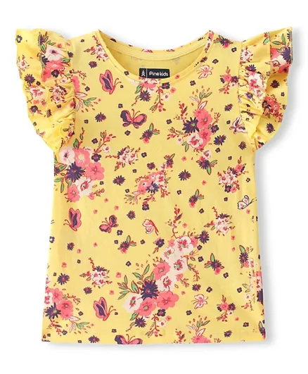 Pine Kids Cotton Knit Frill Sleeves Top Floral Print - Yellow