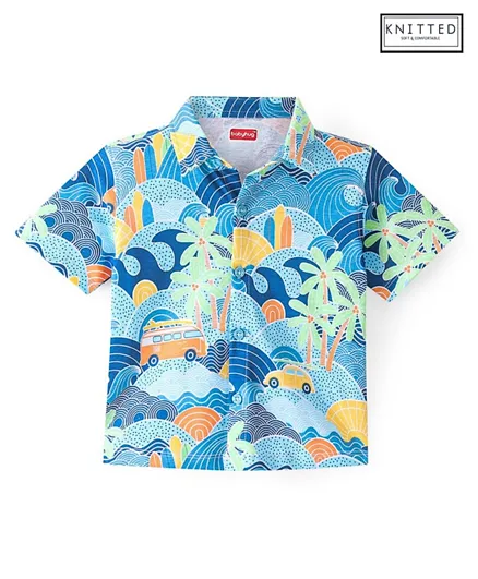 بيبي هاغ - قميص منسوج من القطن بنصف كم وياقة عادية بطباعة شاطئ - أزرق