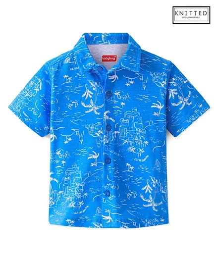 Babyhug Cotton Knit Half Sleeves Shirt Beach Theme Print- Blue