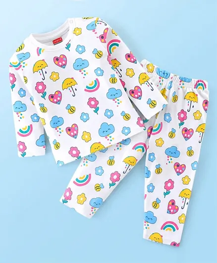Babyhug Interlock Cotton Knit Full Sleeves Rainbow Print Night Suit - White
