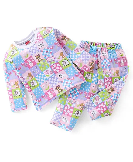 Babyhug Interlock Cotton Knit Full Sleeves Bunny Printed Night Suit - Multicolour