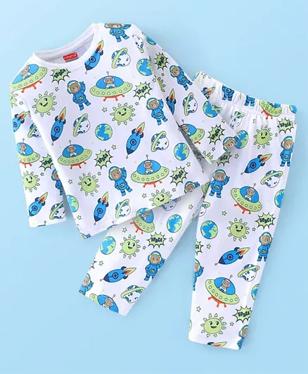 Babyhug Interlock Cotton Knit Full Sleeves Teddy & Spaceship Print Night Suit - White