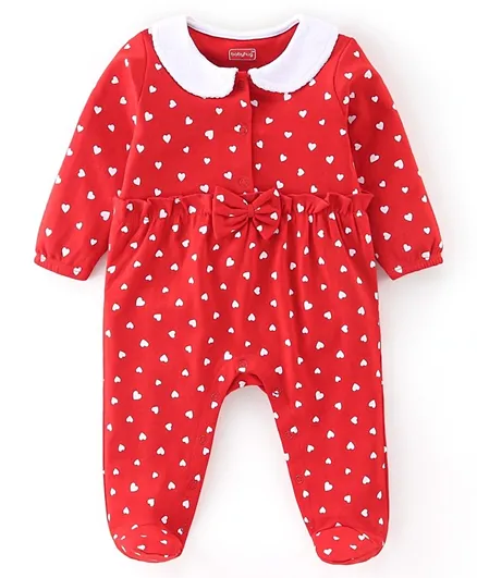 Babyhug Cotton Knit Interlock Footed Sleepsuit With Heart Print - Red