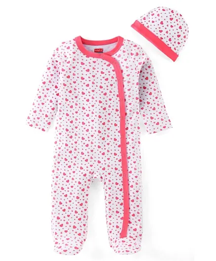 Babyhug Cotton Knit Footed Sleepsuit With Heart Print - Pink