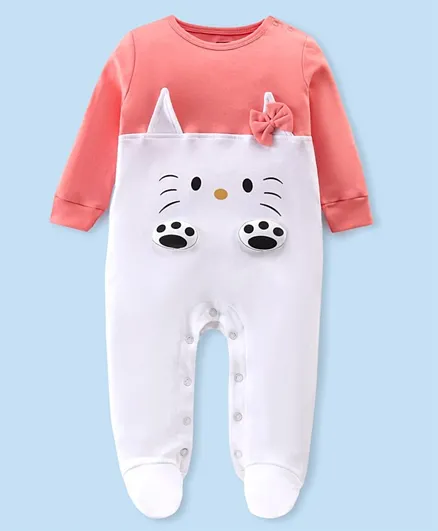 Babyhug Interlock Knit Full Sleeves Sleep Suit With Kitty Print- Pink & White