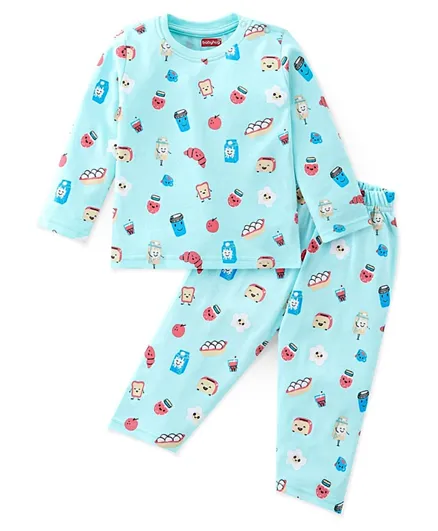 Babyhug Interlock Knit Full Sleeves Night Suit Eggs & Bread Printed - Blue