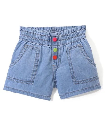 Bonfino 100% Cotton Solid Shorts with Paperbag Waist & Neon Buttons - Blue