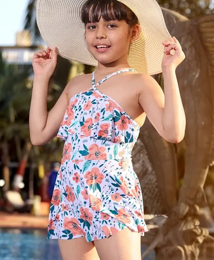 Pine Kids Floral Print Sleeveless   Frock Style Swimsuit  - White