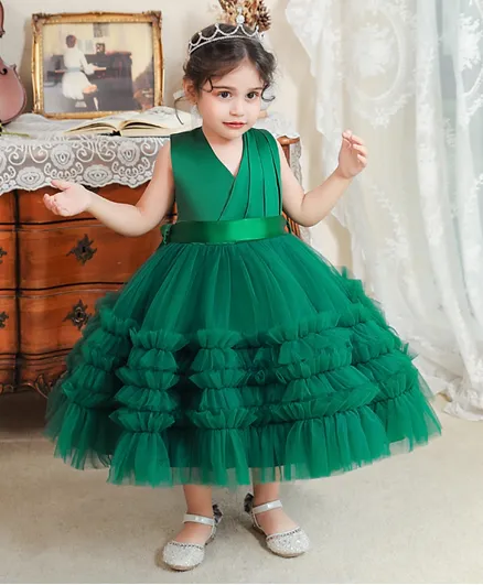 فستان حفلات كووكي كيدز بلون سادة مع فيونكة - أخضر