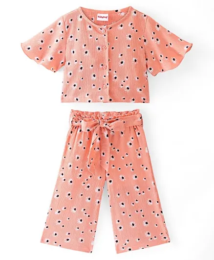 Babyhug 100% Cotton Knit Half Sleeve Top & Culottes/Co-ord Set Floral Print - Peach