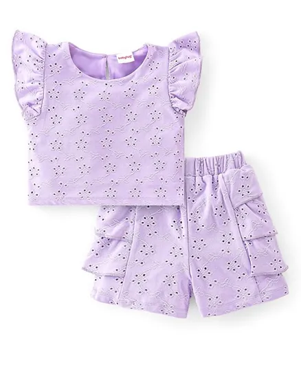 Babyhug Cotton Sleeveless Top & Shorts With Floral Embroidery - Purple