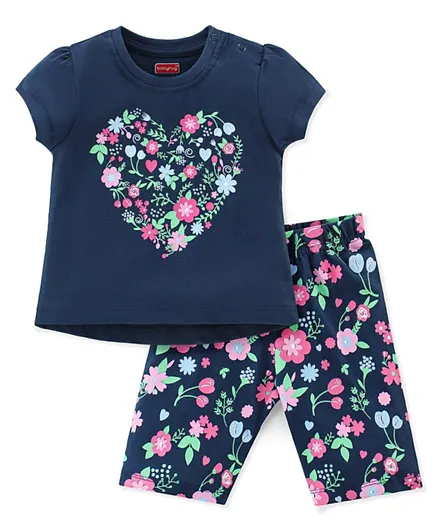 Babyhug Cotton Knit Half Sleeves Night Suit With Floral Print - Navy Blue