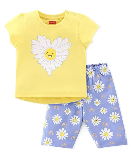 Babyhug Cotton Knit Half Sleeves Night Suit With Floral Print - Yellow &  Blue