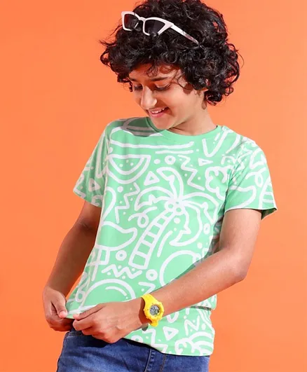 Pine Kids Cotton Knit Half Sleeves T-Shirt Beach Theme Print- Spring Bud