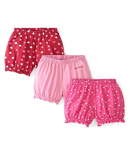 Pine Kids Cotton Lycra Knit Heart Printed Bloomers Pack Of 3 - Pink & Maroon