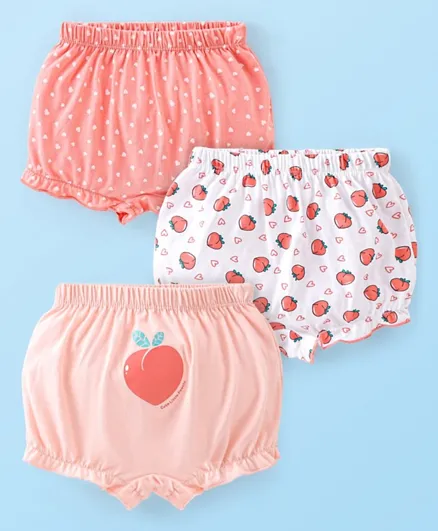 Babyhug 100% Cotton Knit Fruity Print Bloomers Pack of 3 - Peach & White