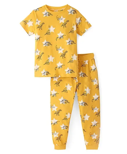 Pine Kids Single Jersey Half Sleeves Night Suit Dino Print - Old Gold