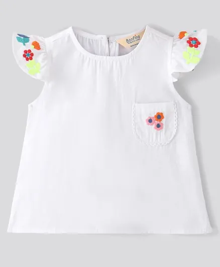 بونفينو - قميص نسائي بأكمام قصيرة مصنوع من القطن 100% مع تطريز زهور - أبيض