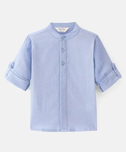 بونفينو قميص شامبراي بياقة ماندرين ثابت - أزرق