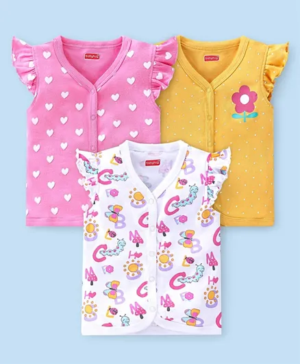 Babyhug 100% Cotton Knit Front Open Vest Floral & Heart Print Pack of 3 - White/Pink/Yellow