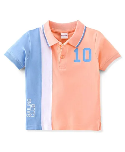 Babyhug Cotton Knit Half Sleeves Text Print Cut & Sew Polo T-Shirt - Peach & Blue