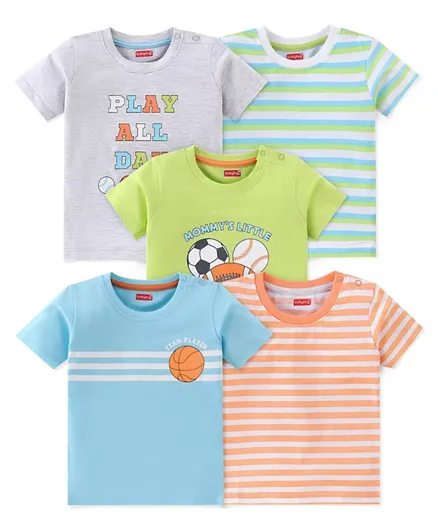 Babyhug Cotton Knit Half Sleeves T-Shirts With Football Graphics  Print Pack of 5 - Blue Green & Grey