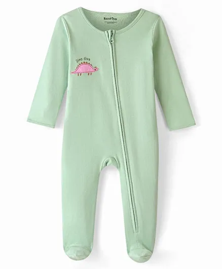 Bonfino 100%  Cotton Knit Full Sleeves Sleepsuit with Dino Patch - Green
